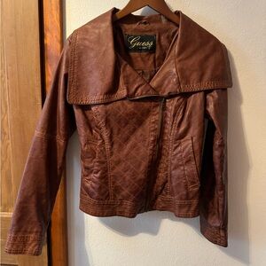 Brown vegan leather moto jacket by Guess